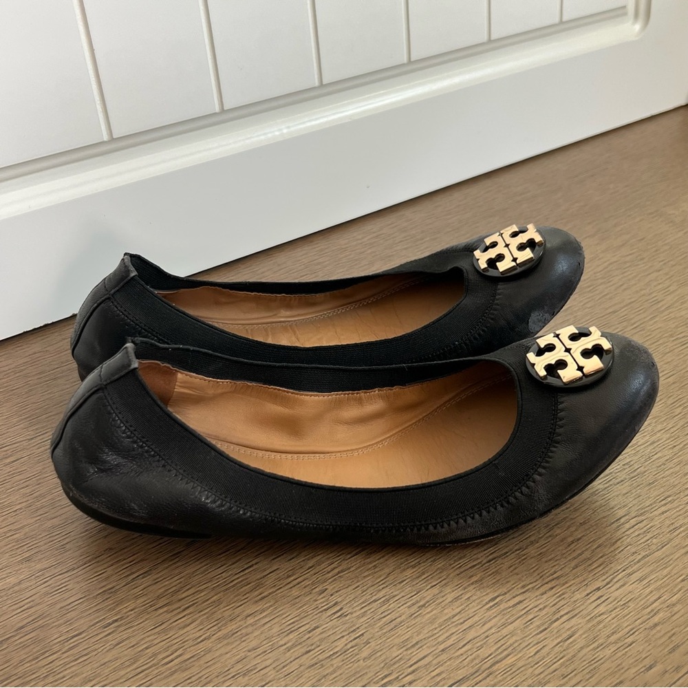 Tory Burch Black Leather Logo Ballet Flats with Gold Medallion